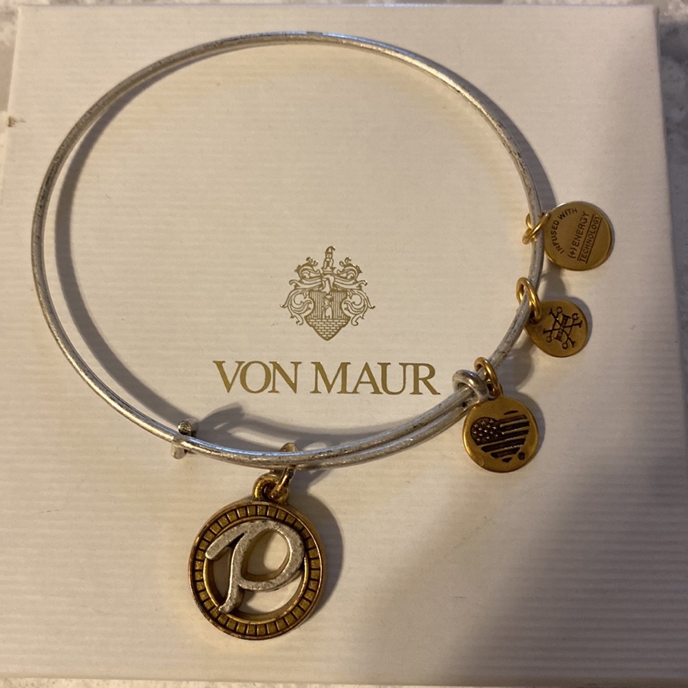 New Alex & Ani initial P silver/gold tone charm bracelet,gift box,some discolor. - Picture 3 of 10